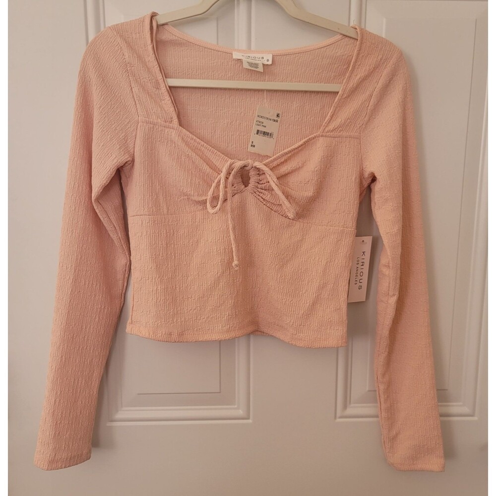 Womens Pink Ribbed Crop Top Long Sleeve Tie Front Soft Girly Coquette Blouse NWT